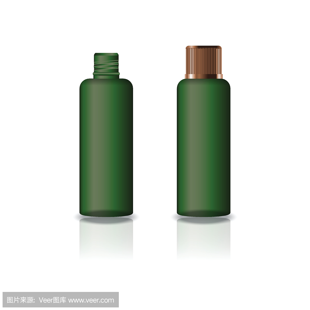 空白绿色化妆品圆瓶与凹槽铜盖美容或健康产品。孤立在白色背景与反射阴影。可用于包装设计。矢量插图。