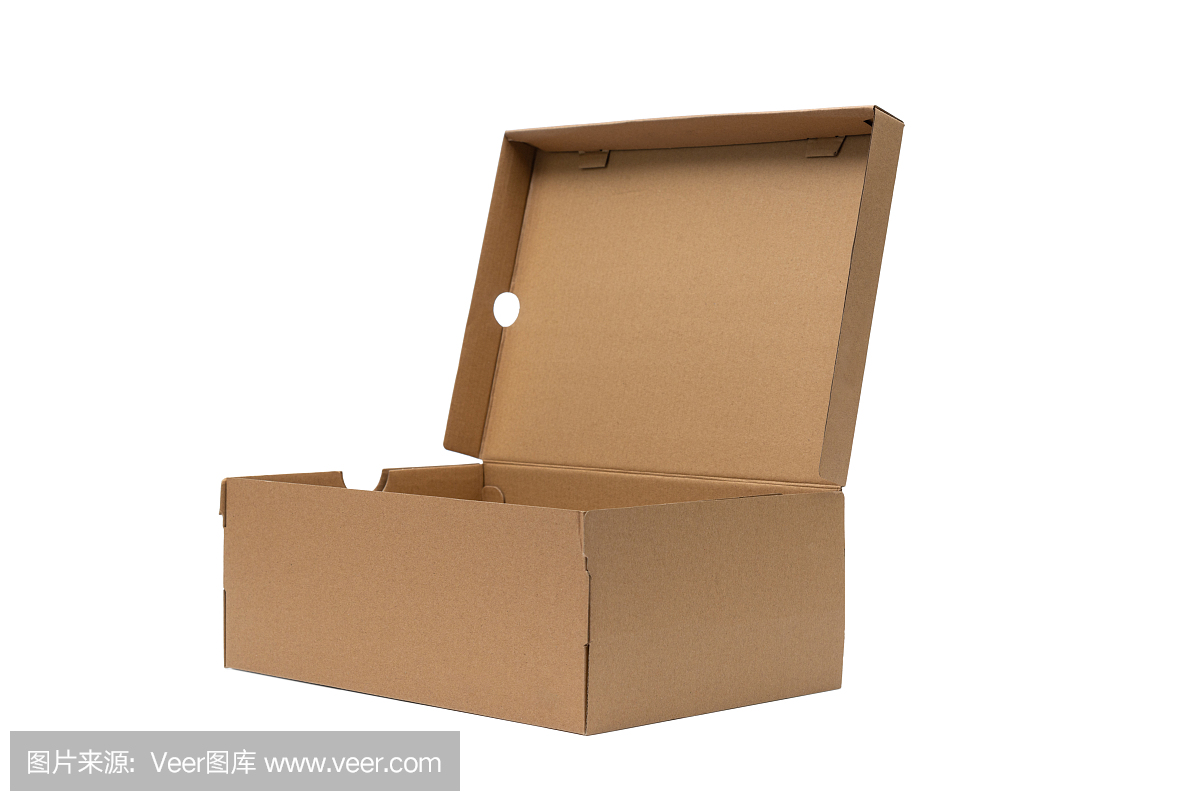 棕色硬纸板箱与盖子鞋或运动鞋产品包装模型,孤立在白色与裁剪路径。